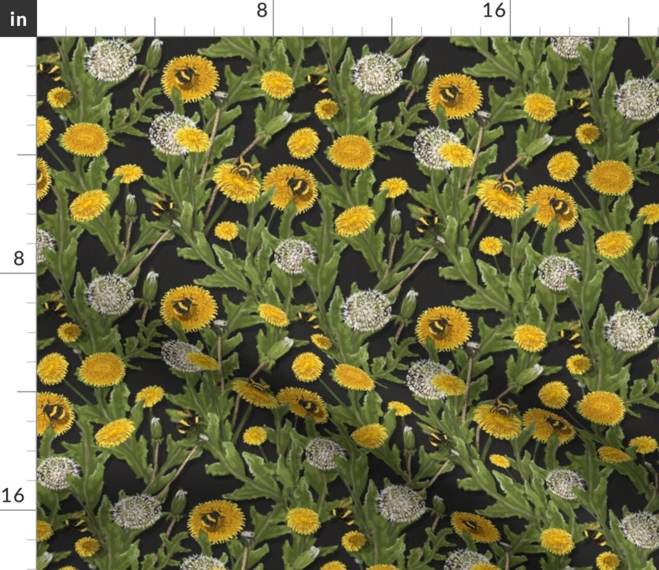 Dandelions Black Bees Flower Yellow Floral Garden Dandelion Custom Printed Fabric by Spoonflower Various Fabrics by the Yard or Fat Quarter